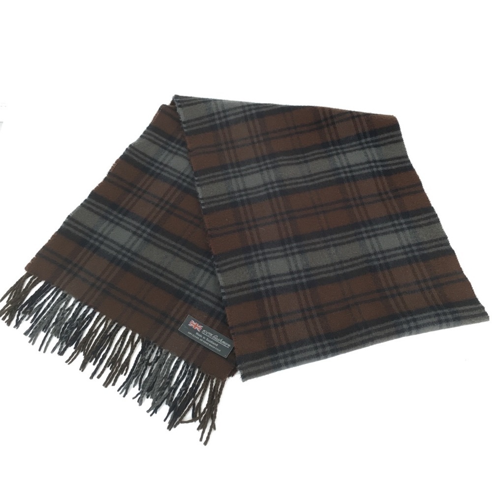 100% Cashmere Made in Scotland Chocolate Brown Latte Plaid Fringe Scarf Unisex